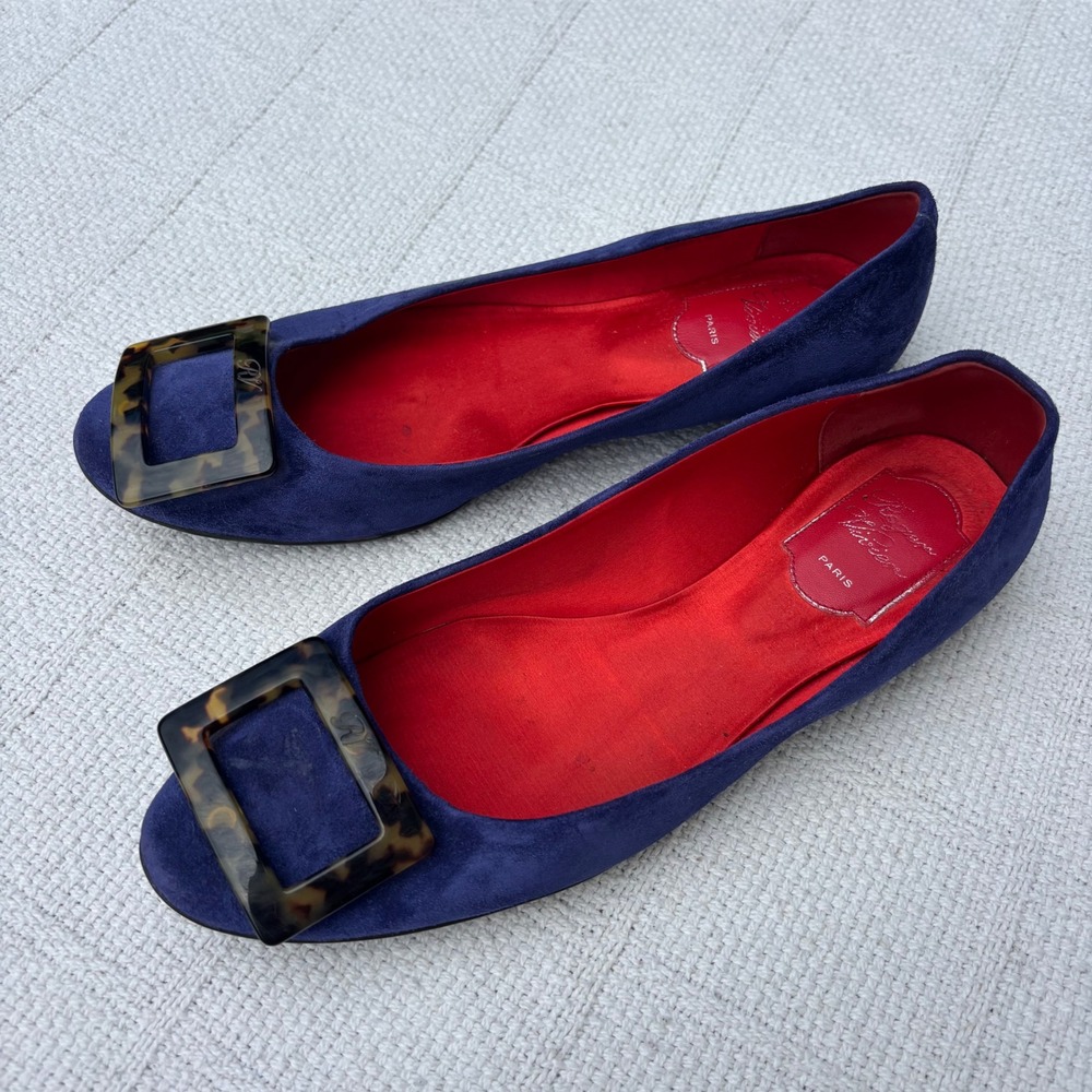 Women's 38.5 ROGER VIVIER Paris Grommette Purple Blue Tortoise Shell Suede Flats